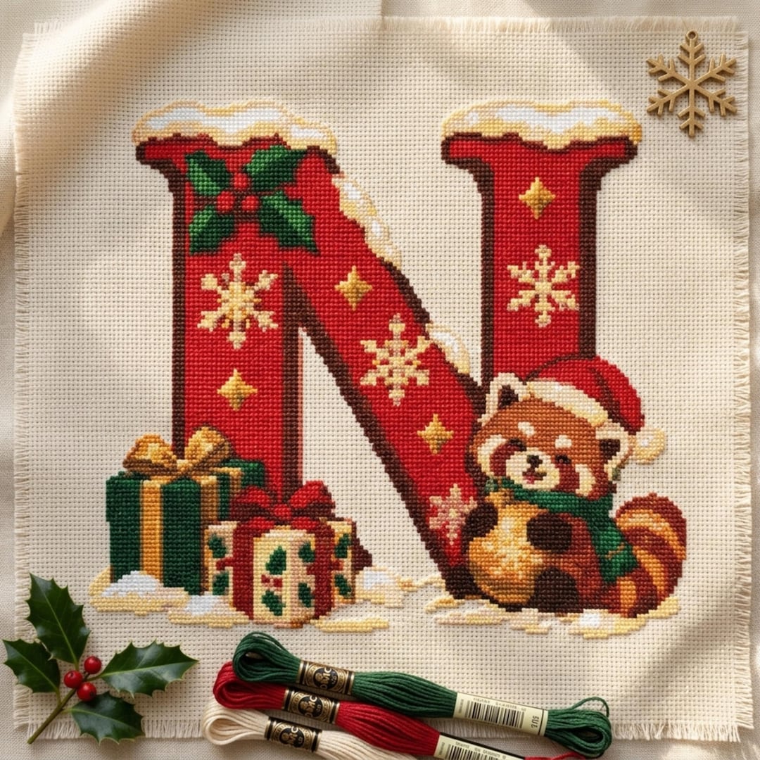 Y Lettering Red Christmas Alphabet Letter N Cross Stitch Pattern: Red Panda Initial ...