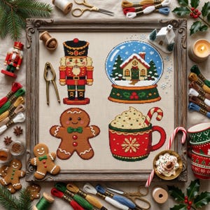 May include: A cross-stitch embroidery piece in a wooden frame featuring four holiday motifs: a red and gold nutcracker, a snow globe with a house, a brown gingerbread person, and a red mug filled with whipped cream and a candy cane.