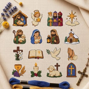 May include: A cross-stitch pattern on beige fabric featuring sixteen religious icons including a nativity scene, angels, wise men, a star, a church, a cross, a bible, a dove, praying hands, a chalice, a candle, a lamb, and a stained glass window.