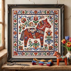 Dala Horse Cross Stitch Pattern: Nordic Folk Art Scandinavian Ornament, Christmas Embroidery PDF
