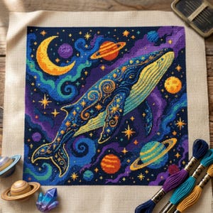 May include: A cross-stitch embroidery on beige fabric featuring a large blue whale decorated with yellow star patterns, swimming through a dark purple and blue cosmic space scene with a yellow crescent moon, planets with rings, and stars.