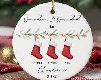 Custom Family Christmas Ornament, Grandparent Stockings Ceramic Bauble, Personalized Names Holiday Tree Keepsake Gift as Grandma & Grandad