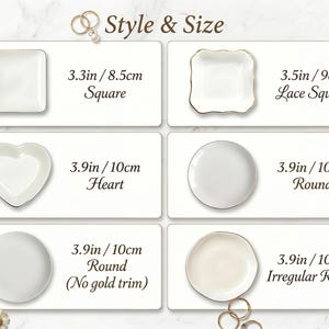 May include: A collection of white ceramic trinket dishes with gold trim, featuring six styles: 3.3in square, 3.5in lace square, 3.9in heart, 3.9in round, 3.9in round without gold trim, and 3.9in irregular round, all labeled with dimensions.