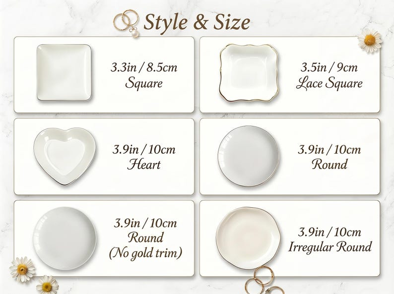 May include: A collection of white ceramic trinket dishes with gold trim, featuring six styles: 3.3in square, 3.5in lace square, 3.9in heart, 3.9in round, 3.9in round without gold trim, and 3.9in irregular round, all labeled with dimensions.
