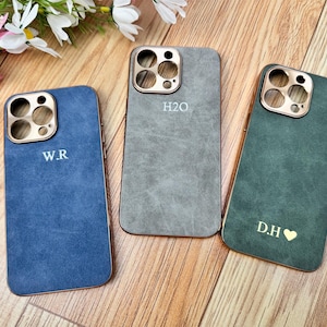 Personalized Suede iPhone Case for iPhone 16 15 14 13 12Pro Max Initials Engraving Monogram Leather Phone case Gift idea for her Custom Case