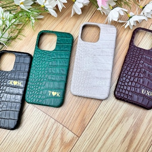 Custom Initials Leather iPhone Case, Crocodile Print leather iPhone, Personalised initials Leather Case For iPhone 16 15 14 13 12 11 Pro Max