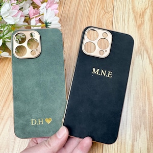 Personalized Suede iPhone Case,Custom Leather Phone Case for iPhone16 15 14 13 12 Pro Max,Monogram Engraved Initials Phone Case,Gift for Her