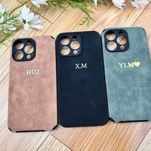 Personalized Suede Leather iPhone Case, Custom Initials Monogram, Leather Phone Case for iPhone 16 15 14 13 12 11 Pro Max, Gift For Her