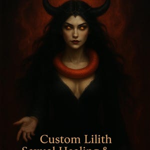 May include: Digital art of a woman with long black hair, horns, and glowing orange eyes. She wears a black dress and a red necklace. The image includes text: Custom Lilith Sexual Healing & Shadow Alchemy PDF.