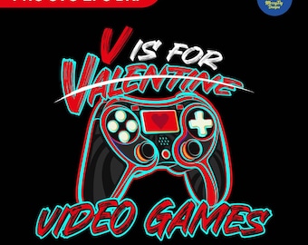 V sta per videogiochi SVG PNG / Design di videogiochi per ragazzi per San Valentino / Clipart di magliette per San Valentino per giocatori / File di taglio carino per San Valentino con videogiochi