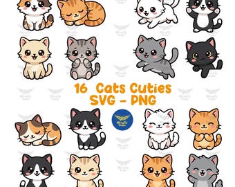 Pacchetto di clipart di gattini carini in stile cartone animato, gattini kawaii in formato PNG e SVG, clipart di gattini trasparenti, file SVG per Cricut, design per adesivi, sublimazione