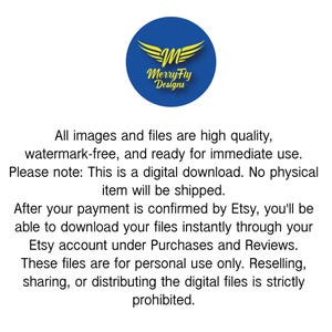 Pu&ograve; includere: Un logo circolare blu con ali dorate e la scritta "MerryFly Designs". L'immagine contiene anche testo che indica che i file sono di alta qualit&agrave;, senza filigrana e pronti per l'uso immediato. Si tratta di un download digitale.