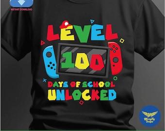 Nivå 100 dagar i skolan upplåst Svg, Tillbaka till skolan Svg, Läraruppskattningssvg, Spelkontroller Svg, Lärareran Svg, Hej skola T-shirt