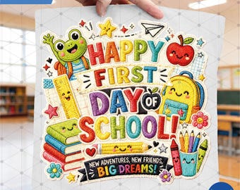 Buon primo giorno di scuola PNG / Disegno per insegnante con finto ricamo / Download digitale per il ritorno a scuola