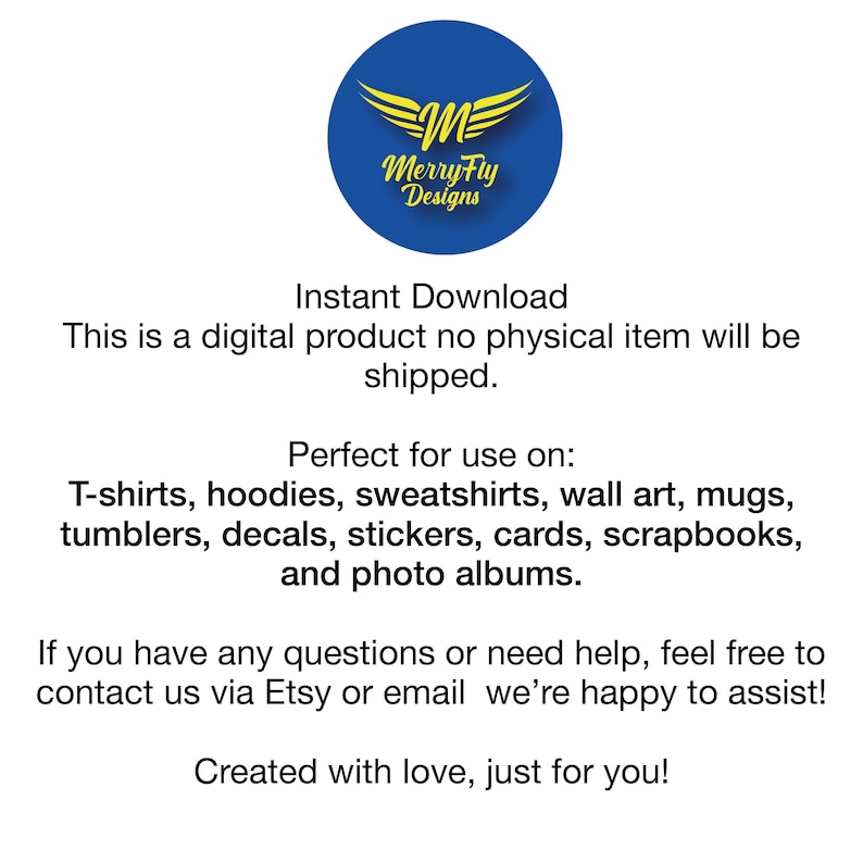 Pu&ograve; includere: Grafica digitale con il testo "Merry Fly Designs" in un cerchio blu con un design ad ala gialla. Il testo indica che si tratta di un download immediato per magliette, felpe con cappuccio e altri articoli.