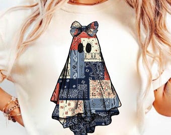 Retro Halloween Blue Denim Ghost Png, Trendy Patchwork Spooky Ghost Png, Cute Boo Ghost Coquette Png, Fall Pumpkin Png, Spooky Season Png