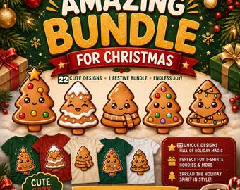 Pacchetto PNG di alberi di Natale in pan di zenzero / Clipart di biscotti kawaii / Grafica per sublimazione a tema natalizio / Download immediato