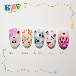 Cute Fruit Bear Press On Nails, 3D Nail Art, Cherry Orange Nails, Cartoon Kawaii Nails, Summer Nail Design, Handmade Fake Nails