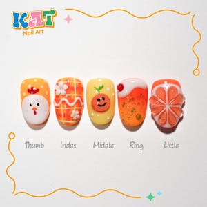 Orange Cute Press On Nails, Fruit Nail Art, Summer Gingham Nails, 3D Kawaii Nails, Citrus Press Ons, Whimsical Nail Design