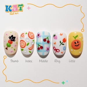 Fruit Kawaii Press On Nails, Orange Slice Nails, Cherry Nail Art, Cute Cat Nails, Summer Cartoon Nails, Colorful Handmade Nails