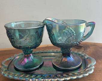 Vtg Indiana Glass Blue Carnival Harvest Grape 3 Pc Cream & Sugar Set with Tray