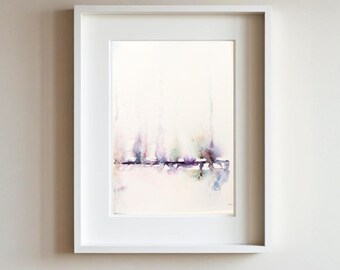 Aflame - Original Watercolor Painting 6x9 - Blue Hour Forest Landscape - Matted Ready to Frame Abstract Nature Art - Blue Purple Gold