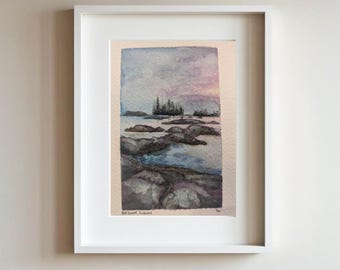 Bold Coast Sunrise - Original Watercolor Painting 4x6 - Maine Forest Seacoast - Matted Ready to Frame Nature Art - Morning Light Through Fog
