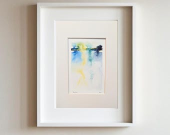 River View - Original Watercolor Painting 4x6 - Abstract Forest Landscape - Matted Ready to Frame Dawn Art - Blue Green Gold