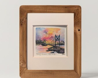 Wiggly Bridge Stormy Sunset  Original Watercolor Painting 4x6 -  York Maine Bridge Seacoast - Matted Ready to Frame Art - After a Storm