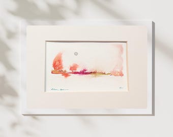 Autumn Moon - Original Watercolor Painting 4x6 - Autumn Fall Forest Landscape - Matted Ready to Frame  Ethereal Nature Art - Yellow Red Gold