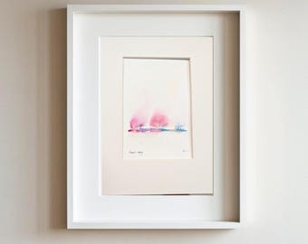 Flushed Spring - Original Watercolor Painting 4x6 - Abstract Forest Landscape - Matted Ready to Frame Spring Art - Pink Blue Gold