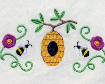 Flour Sack Towel Machine Embroidered Tea Towel Flying bees with bee hive and branch bread basket liner hostess gift Kitchen Honey Bee