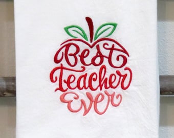 Machinaal geborduurde premium meelzak handdoek BESTE LERAAR OOIT Schotel, thee, keukenleraar cadeau Apple Schoolleraar waardering