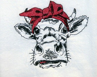 Machine Embroidery Flour Sack Towel Cow with Red Bandana Kitchen Tea Dish Holiday gift bread basket Heifer