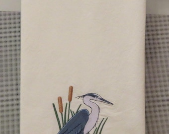 Flour Sack Towel Machine Embroidered Blue Heron Nautical Lake Kitchen Tea Towel