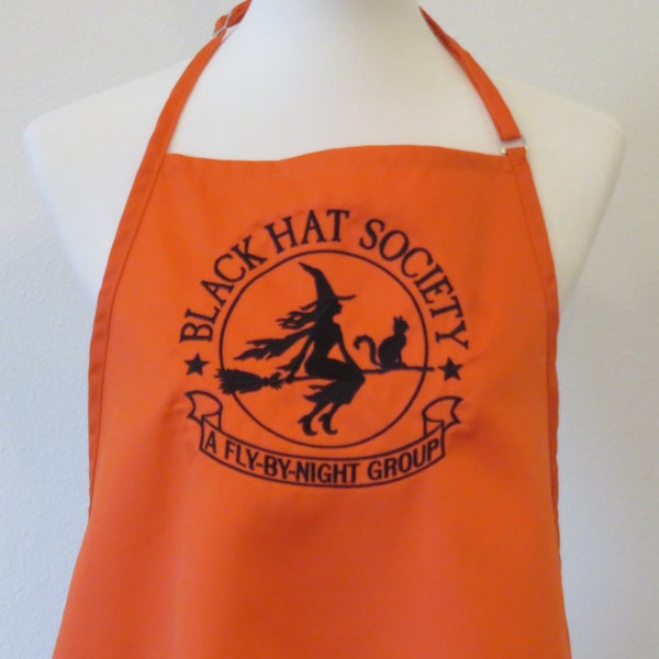 Machine Embroidered BLACK HAT SOCIETY A Fly by Night Group witch flying broom apron adjustable 3 pockets black cat kitchen