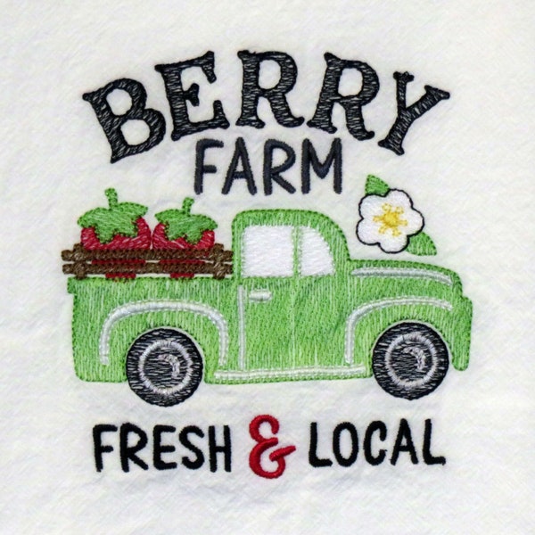 High Quality Machine Embroidered Flour Sack Towel BERRY FARM Fresh & Local green truck strawberries blossom farmhouse style dish tea kitchen