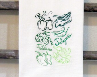 Machine Embroidered High Quality Cotton Flour Sack Towel PEPPERS Kitchen, Dish, Tea towel Embroidery bell cayenne habanero jalapeno poblano