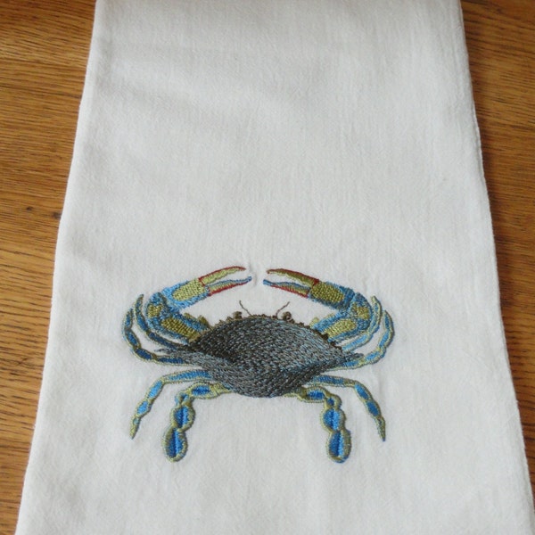 Premium quality Machine Embroidery flour sack towel BLUE CRAB dish, kitchen, tea Towel Kitchen Hostess Gift Zodiac symbol Cancer nautical