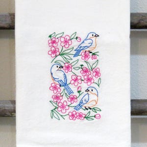 Machine Embroidered Flour Sack Towel Farmhouse BLUEBIRDS IN BLOSSOMS Vintage flowers, leaves, spring, gardening, Dish, Tea, Kitchen Towel