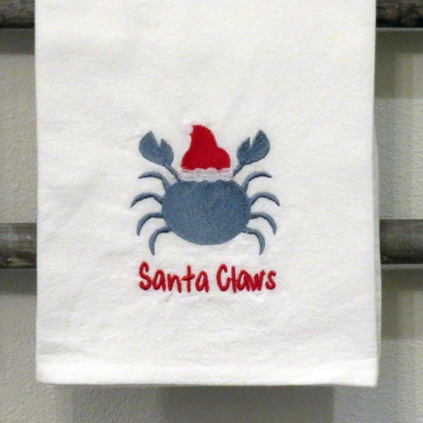 Machine Embroidered PREMIUM Flour Sack Towel Nautical Christmas Theme SANTA CLAWS  Cute crab Santa Hat Blue crab baking cooking dish towel