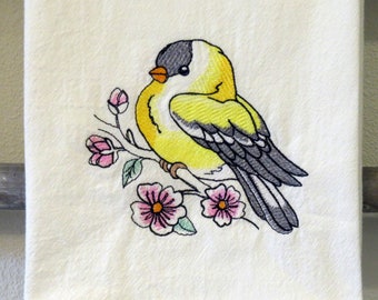 Machine Embroidered High Quality Cotton Flour Sack Towel GOLDFINCH spring Kitchen, Dish, Tea towel tree flowers Embroidery bird fowl branch