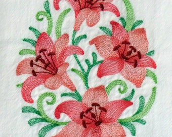 Machine Embroidered Flour Sack Towel oval grouping of TIGER LILLIES and LEAVES Tea Dish Kitchen Towel Red Bird Cooking baking chef flowers