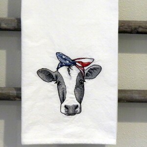 Americana Cow High Quality Machine Embroidered Flour Sack Towel Patriotic America American Fourth of July tea, dish, kitchen towel grill