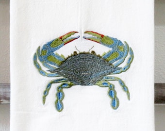 Premium quality Machine Embroidery flour sack towel BLUE CRAB dish, kitchen, tea Towel Kitchen Hostess Gift Zodiac symbol Cancer nautical