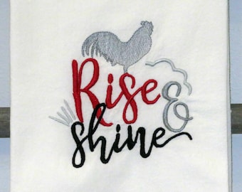 Machine Brodé Flour Sack Serviette Rise & Shine Style de ferme thé plat cuisine serviette ferme poulet coq broderie barnyard barnyard