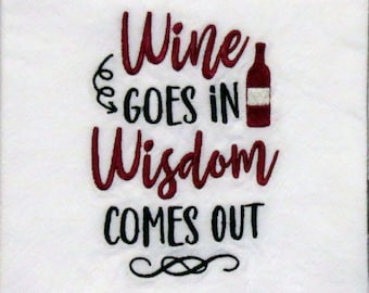 プレミアム品質の小麦粉袋タオル。ワインは知恵から生まれる。ワインの格言が書かれた皿、お茶、キッチンタオル、バータオル、ホステスギフト、ブドウ園ボトル