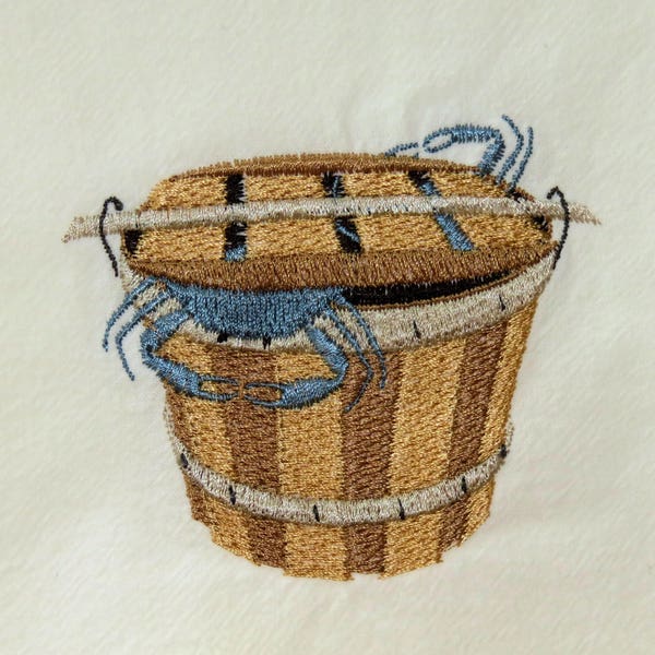 Machine embroidered flour sack towel Bushel Basket Blue Crabs Chesapeake Bay Atlantic Ocean Tea Towel Dish Towel Kitchen Hostess Gift