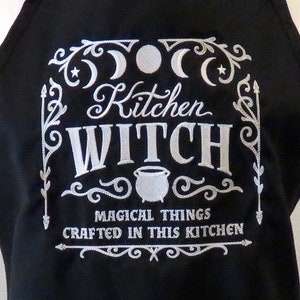 Machine Embroidered KITCHEN WITCH Magical Things Crafted in this Kitchen APRON Choose your thread color 3 pockets Halloween cauldron moon