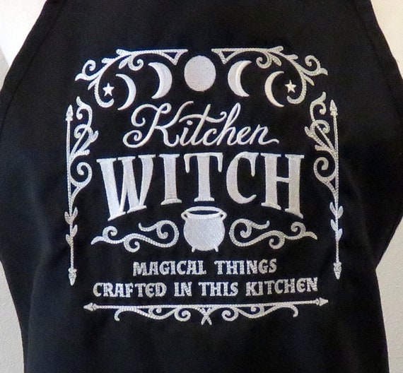 Machine Embroidered KITCHEN WITCH Magical Things Crafted in this Kitchen APRON Choose your thread color 3 pockets Halloween cauldron moon